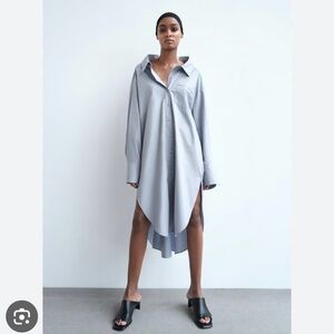 Zara poplin cotton grey blue shirt dress oversized back buttons menswear tunic S
